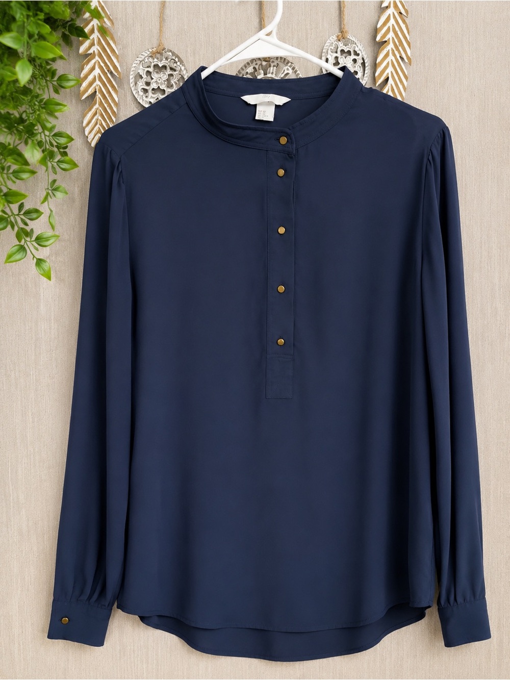 H&M Navy Band-Collar Button-Placket Long-Sleeve Blouse